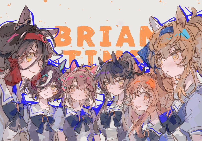 6+girls, ahoge, animal_ears, blue_hairband, blunt_tresses, bow, bowtie, brown_bow