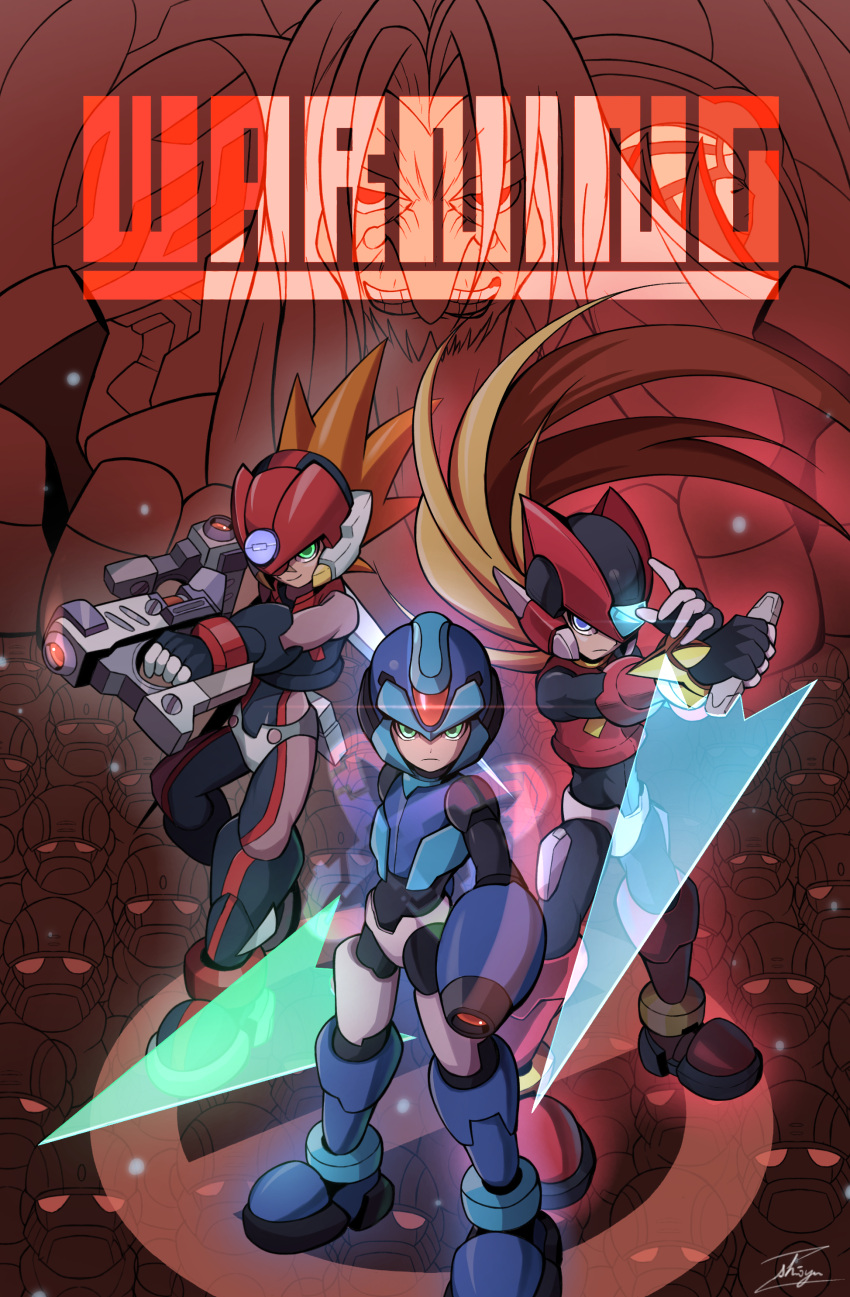 4boys, absurdres, arm_cannon, armor, axl_(mega_man), beard, blonde_hair, blue_eyes, blue_headwear, brown_hair, closed_mouth, commentary_request, crop_top, dark_elf_(mega_man), dr._weil_(mega_man), dual_wielding, energy_sword, english_text, facial_hair, floating_hair, forehead_jewel, green_eyes, grin, gun, helmet, highres, holding, holding_gun, holding_sword, holding_weapon, long_hair, male_focus, medium_hair, mega_man_(series), mega_man_x_(series), mega_man_zero_(series), multiple_boys, omega_(mega_man), red_headwear, serious, shoyu-z, signature, smile, smirk, spiky_hair, sword, teeth, weapon, x_(mega_man), zero(z)_(mega_man), zero_(mega_man)