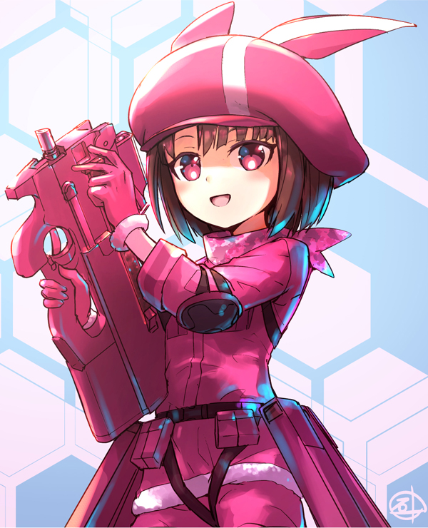 1girl, animal_ear_headwear, animal_ears, bandana, belt_pouch, brown_hair, bullpup, character_name