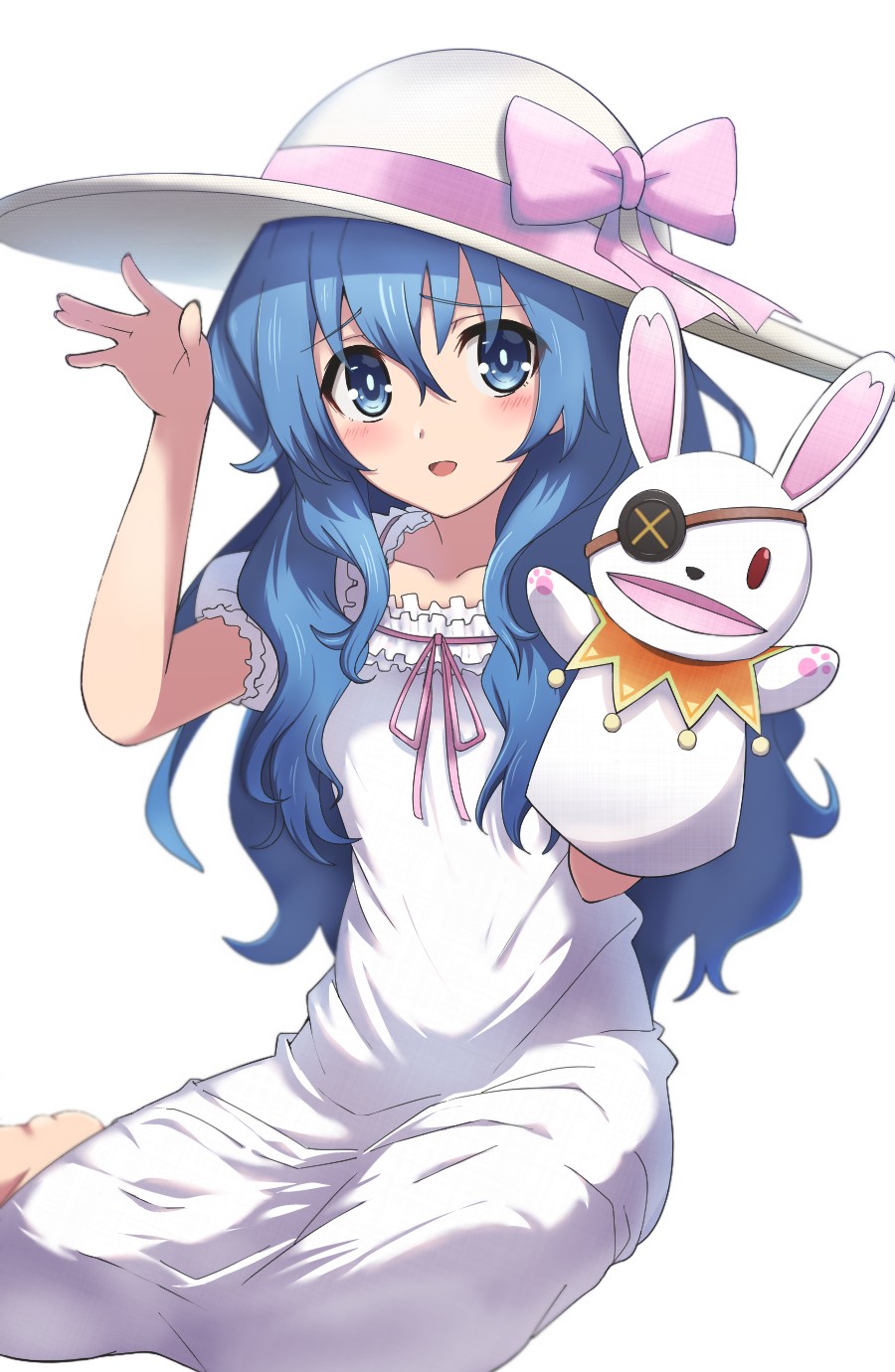 1girl, blue_eyes, blue_hair, blush, date_a_live, dress, eyepatch, hat