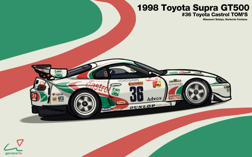car, castrol, dunlop, english_commentary, from_side, highres, mei_(genistarts), motor_vehicle, no_humans, race_vehicle, racecar, shadow, spoiler_(automobile), sponsor, super_gt, tom's_racing, toyota, toyota_supra, toyota_supra_mk_iv, vehicle_focus