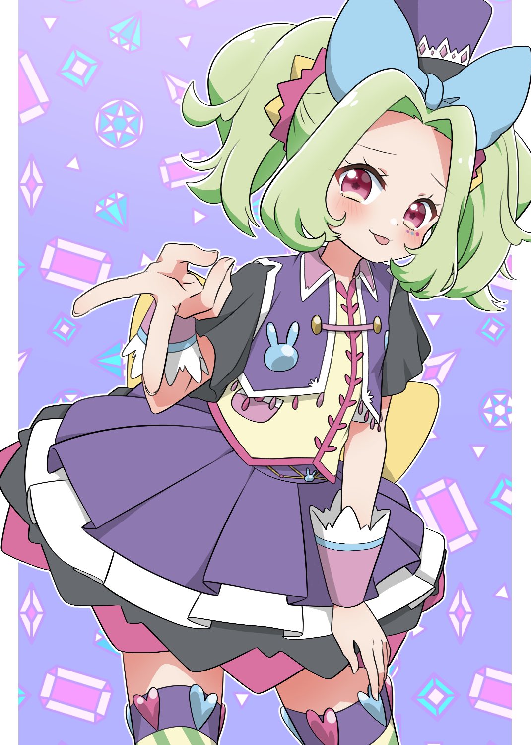 1girl, blue_bow, blue_skirt, bow, chii_(chi_pppuri), cowboy_shot, cropped_jacket, gem