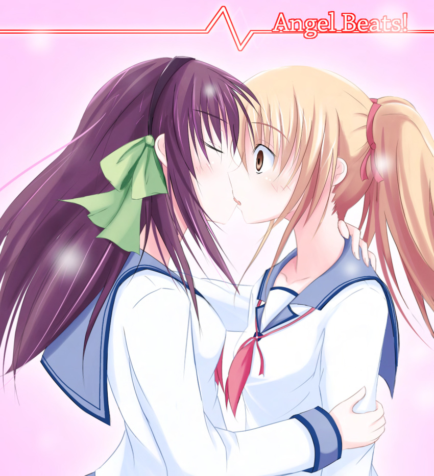 angel_beats!, blonde_hair, brown_eyes, closed_eyes, hair_ribbon, hairband, highres, kiss