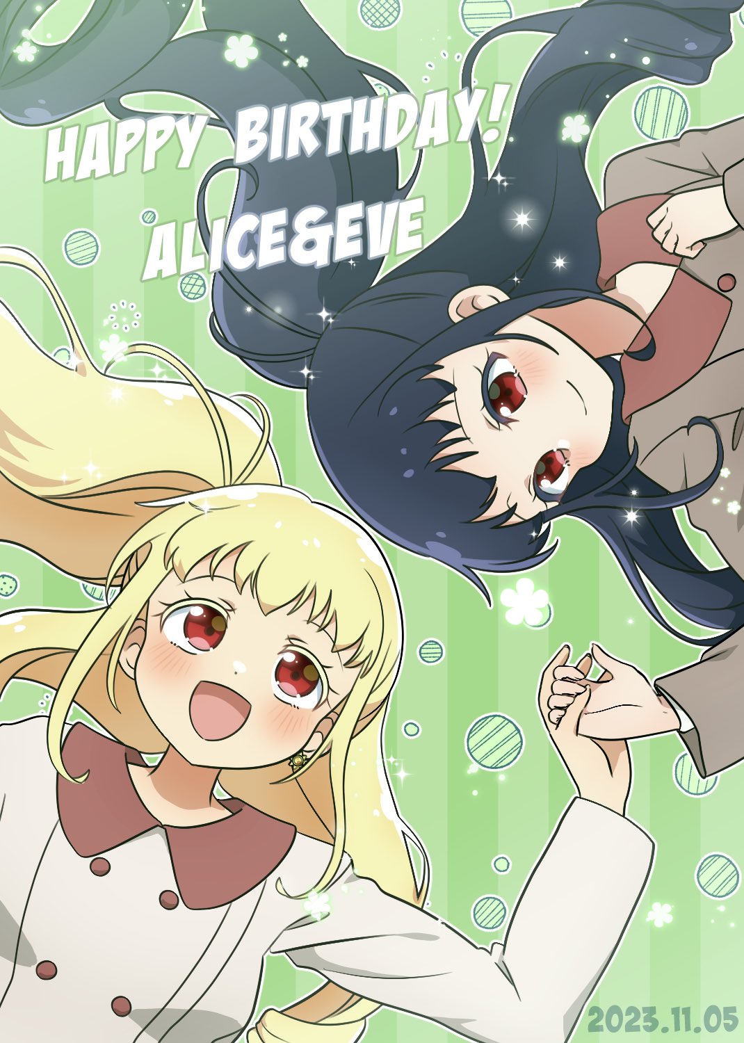 2girls, :d, alice_peperoncino, black_hair, blonde_hair, blush, character_name, chii_(chi_pppuri)