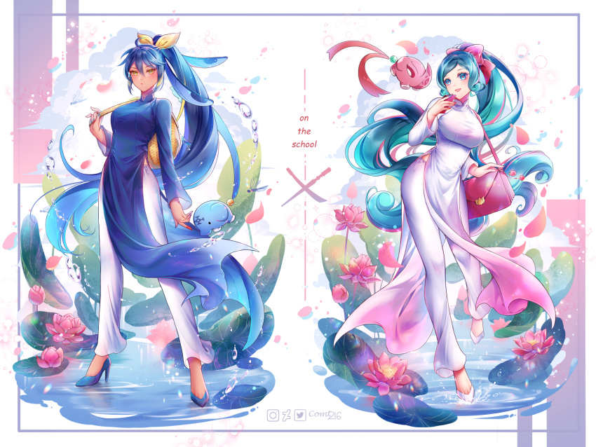2girls, aqua_eyes, aqua_hair, bag, blue_hair, comt216, falling_petals, fate/grand_order
