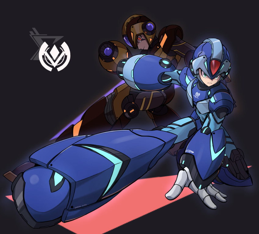 2boys, android, arm_cannon, armor, blue_armor, blue_headwear, emblem, facial_mark