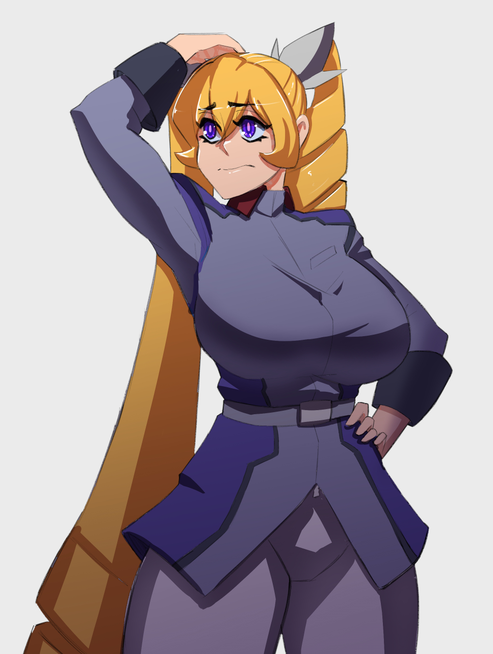1girl, belt, blonde_hair, blue_jacket, breasts, cosmikaizer, cosplay, drill_hair