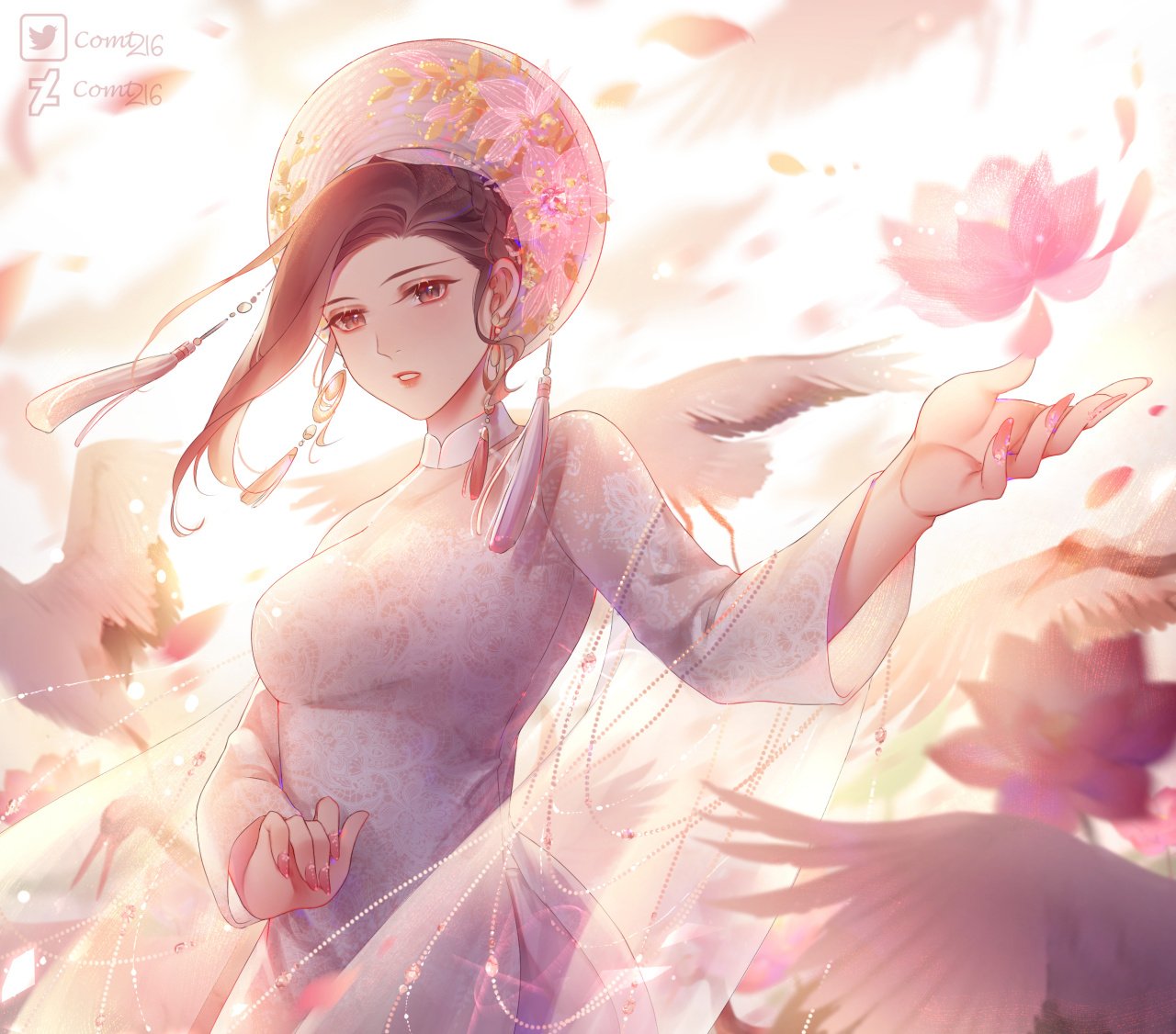 1girl, bird, bird_wings, black_hair, comt216, crane_(animal), falling_petals, flower