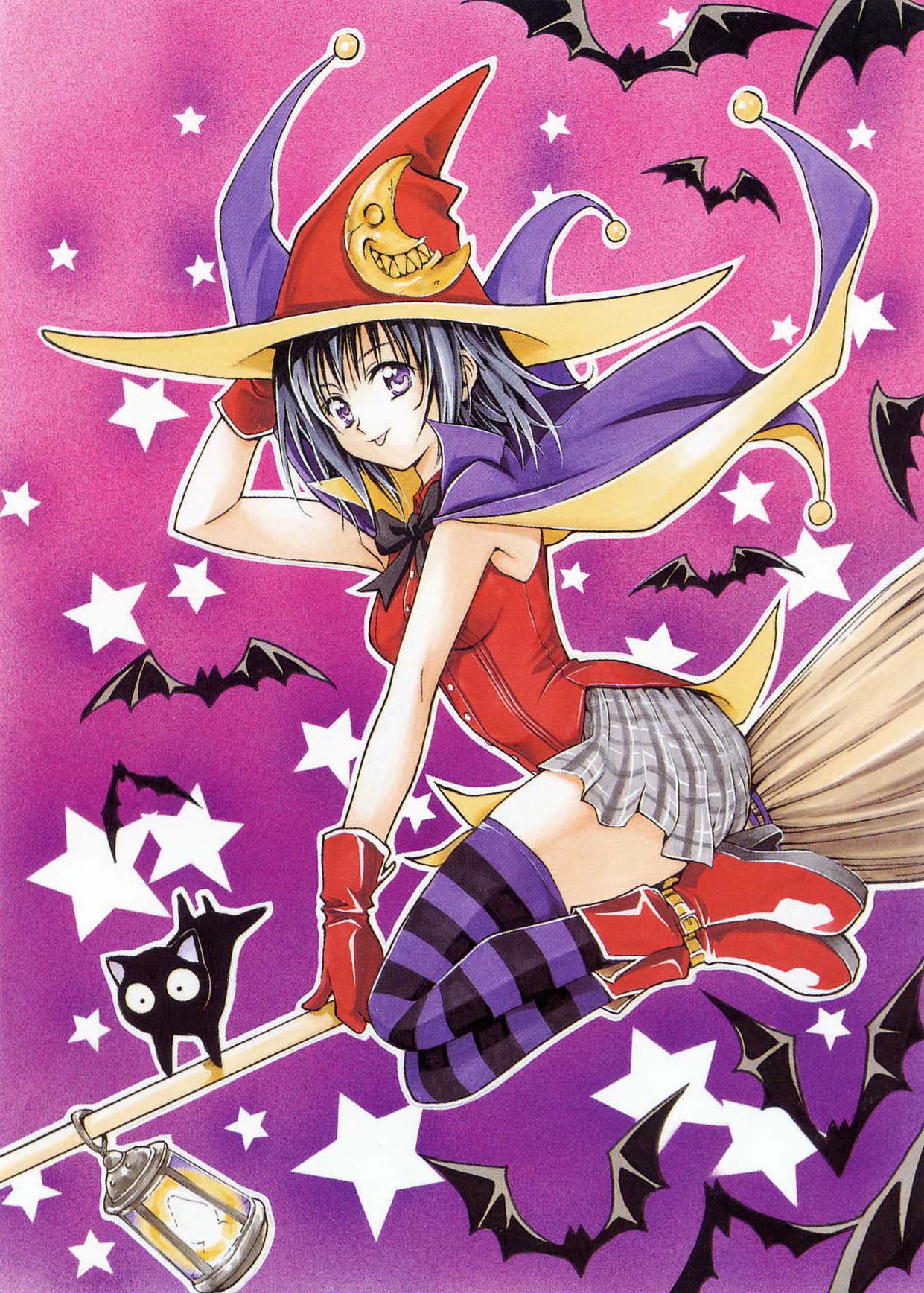 bat, black_cat, black_cat_(animal), black_hair, boots, broom, cape, cat
