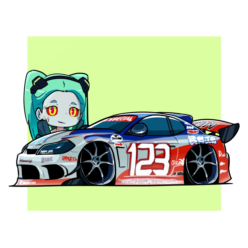 1girl, absurdres, border, bride_(brand), car, colored_sclera, cyberpunk_(series), cyberpunk_edgerunners, duz, english_commentary, green_background, green_eyes, green_hair, hair_behind_ear, highres, looking_at_viewer, motor_vehicle, nissan, nissan_s15_silvia, nissan_silvia, outside_border, race_vehicle, racecar, rebecca_(cyberpunk), red_pupils, red_sclera, smile, spoiler_(automobile), sports_car, twintails, vehicle_focus, white_border