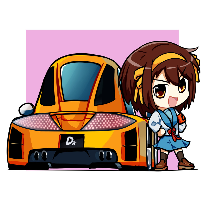 1girl, absurdres, armband, black_socks, blue_skirt, bow, brown_eyes, brown_footwear, brown_hair, car, chrysler, chrysler_me_four-twelve, duz, hair_bow, hairband, head_tilt, highres, looking_at_viewer, midnight_club_(game_series), midnight_club_3, motor_vehicle, orange_bow, orange_hairband, sailor_collar, shirt, skirt, smile, socks, solo, sports_car, suzumiya_haruhi, suzumiya_haruhi_no_yuuutsu, v-shaped_eyebrows, vehicle_focus, white_shirt