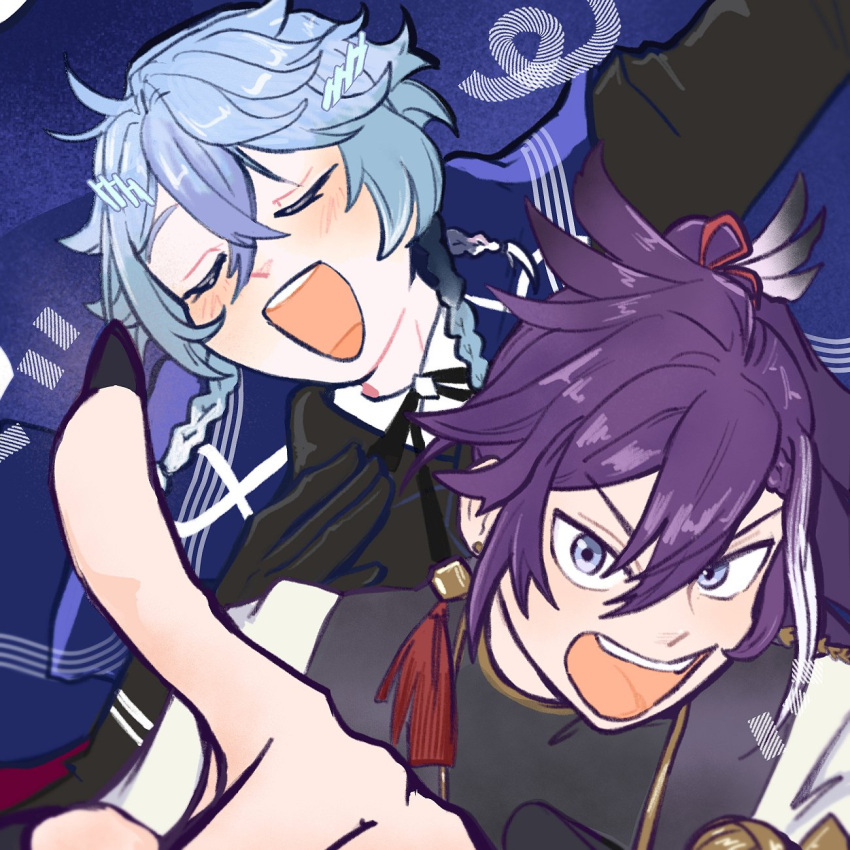 2boys, arm_up, banzoin_hakka, banzoin_hakka_(1st_costume), black_bow, black_bowtie, black_gloves, blue_eyes