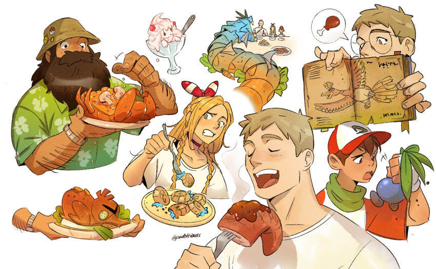 1girl, 3boys, alcremie, arm_hair, badge, baseball_cap, beard, black_bra