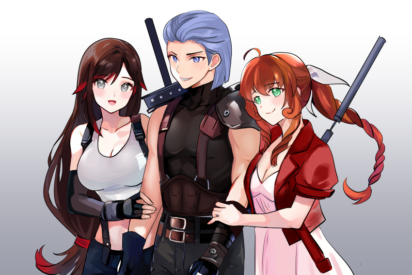 1boy, 2girls, absurdres, black_hair, blush, couple, final_fantasy, final_fantasy_vii, final_fantasy_vii_remake, grey_eyes, highres, long_hair, multiple_girls, orange_hair, penny_polendina, polyamory, redhead, ruby_rose, rwby, short_hair, sky_lark