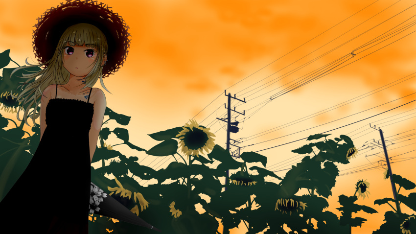 1girl, arms_behind_back, bare_shoulders, black_dress, black_umbrella, blonde_hair, collarbone, dress