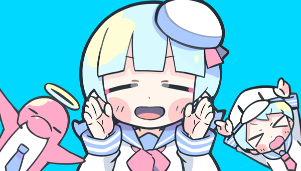 >_<, 1boy, 1girl, animal_hat, arms_up, blue_background, blue_hair, blue_necktie