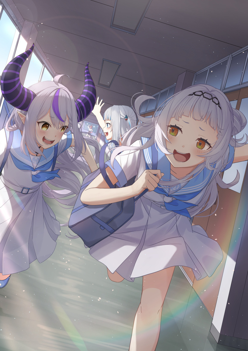 4girls, absurdres, ahoge, animal_ears, bag, belt, black_horns, black_skirt