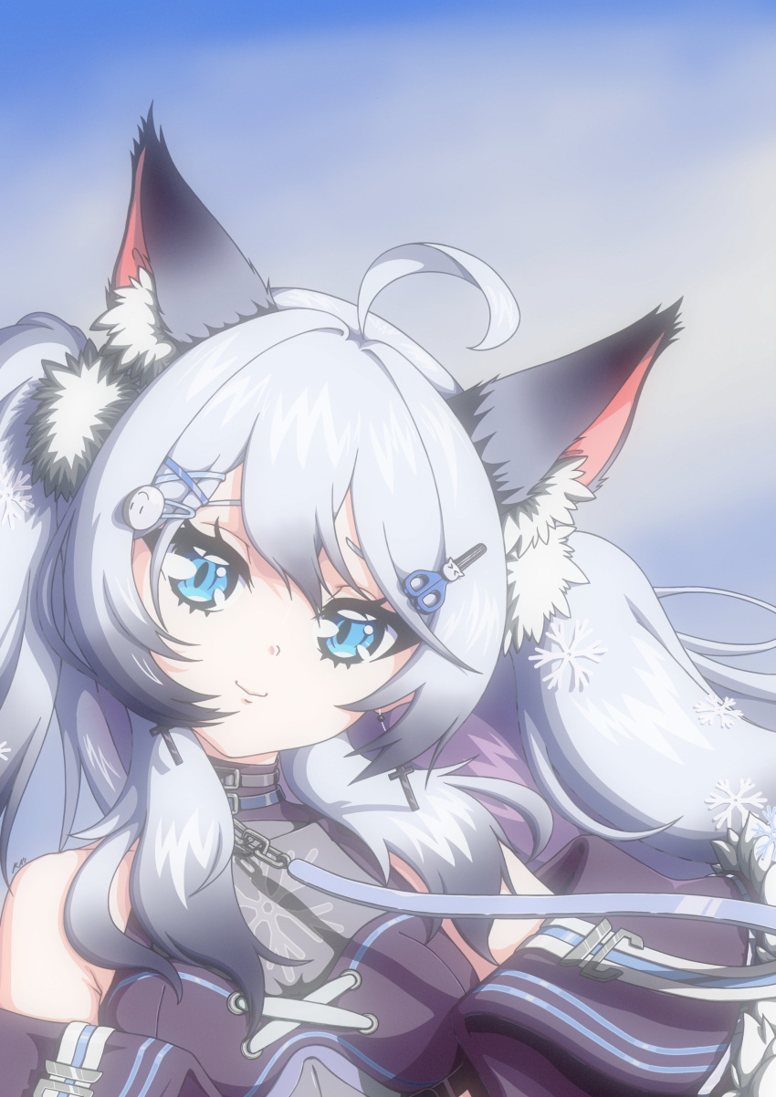 1girl, absurdres, ahoge, animal_ear_fluff, animal_ears, armpit_crease, bare_shoulders, belt_collar