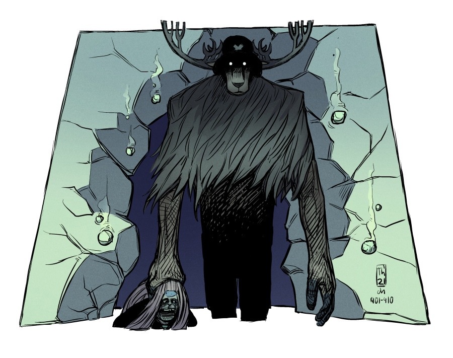 2boys, after_battle, character_request, crack, cracked_wall, cropped_legs, giant, giant_male, glowing, glowing_eyes, grabbing_another's_hair, looking_at_viewer, monster, multiple_boys, one_piece, shaded_face, standing, tench, tony_tony_chopper, victory, walking