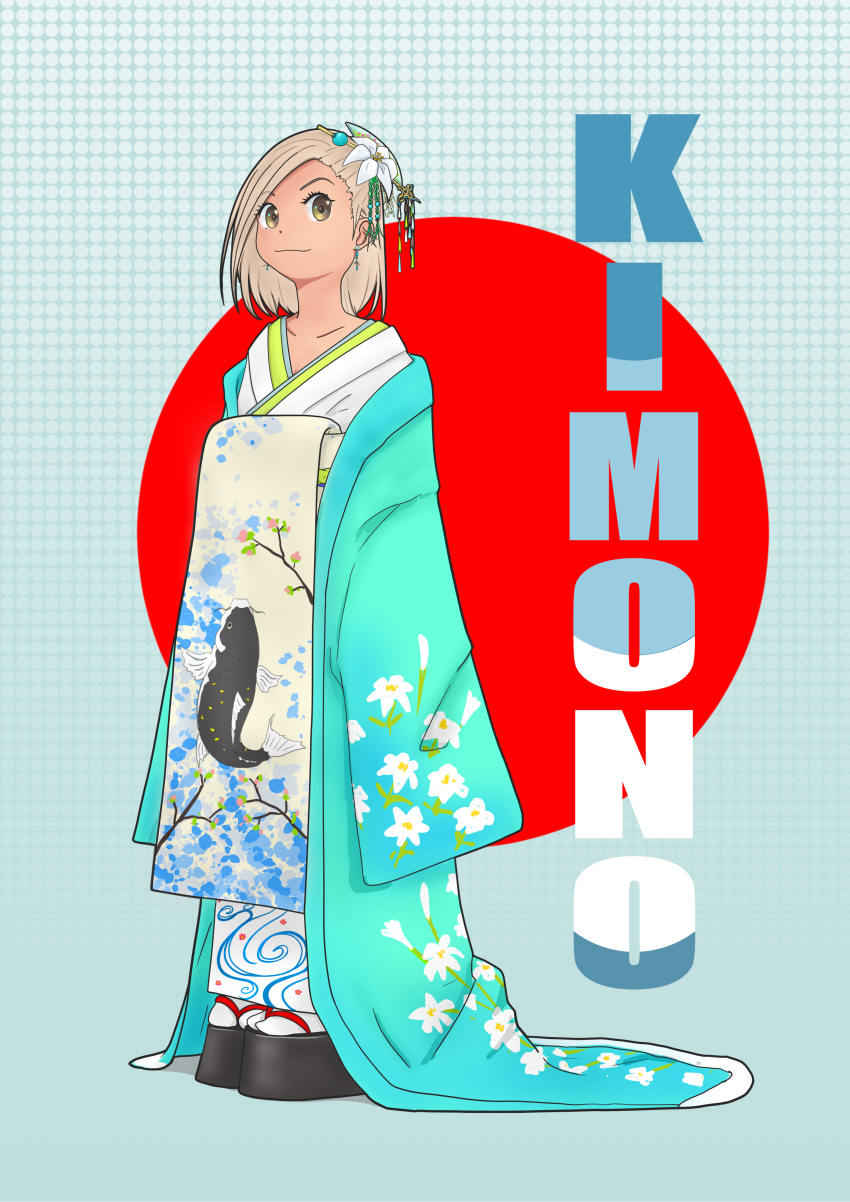 1girl, absurdres, animal_print, blue_kimono, brown_eyes, collarbone, earrings, edo_nishiki
