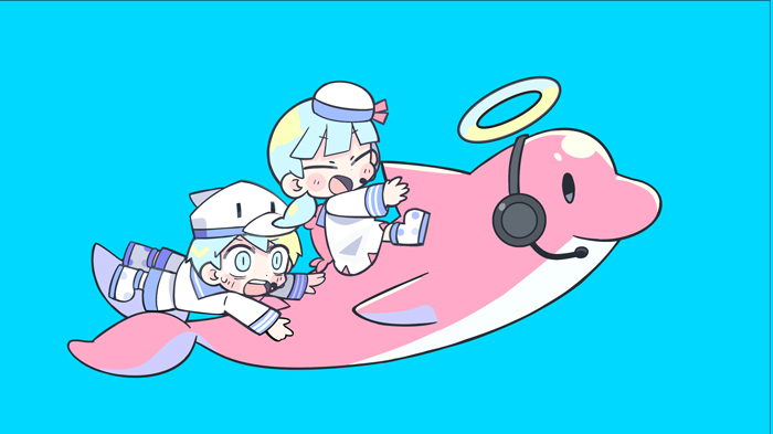 1boy, 1girl, animal_hat, black_eyes, black_headphones, blue_background, blue_eyes, blue_hair