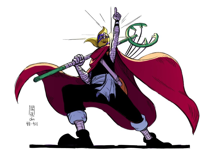 1boy, arm_up, bandages, cape, floating_clothes, full_body, index_finger_raised, legs_apart