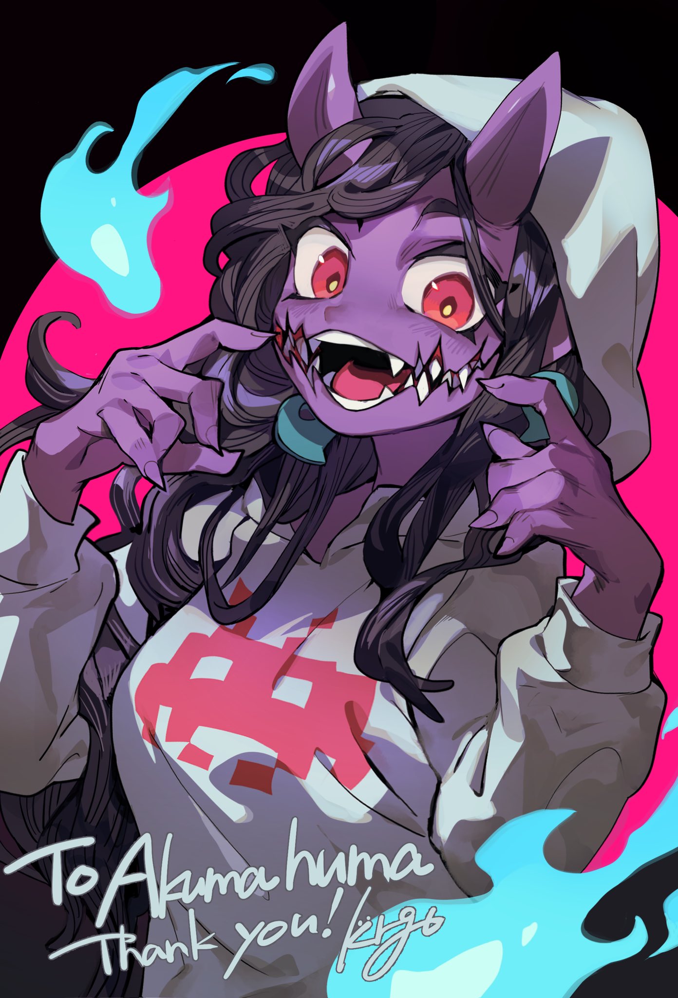 1girl, black_background, black_hair, bright_pupils, colored_skin, commission, fingernails, glasgow_smile