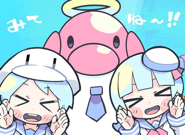 >_<, 1boy, 1girl, animal_hat, black_eyes, blue_background, blue_hair, blue_necktie