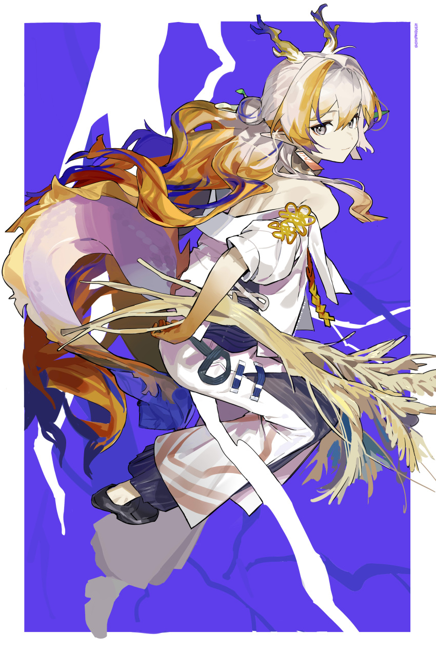 1girl, absurdres, arknights, artist_name, back, bare_shoulders, black_footwear, blonde_hair