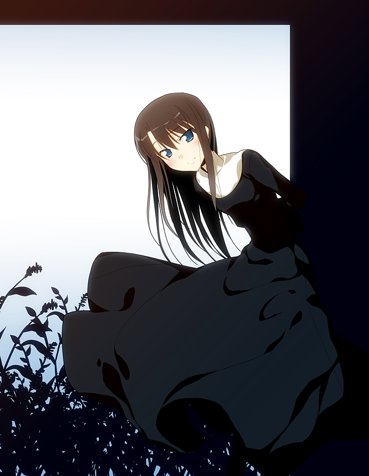 brown_hair, kara_no_kyoukai, kokutou_azaka, long_hair, plant, plastic_eraser, school_uniform, smile, solo