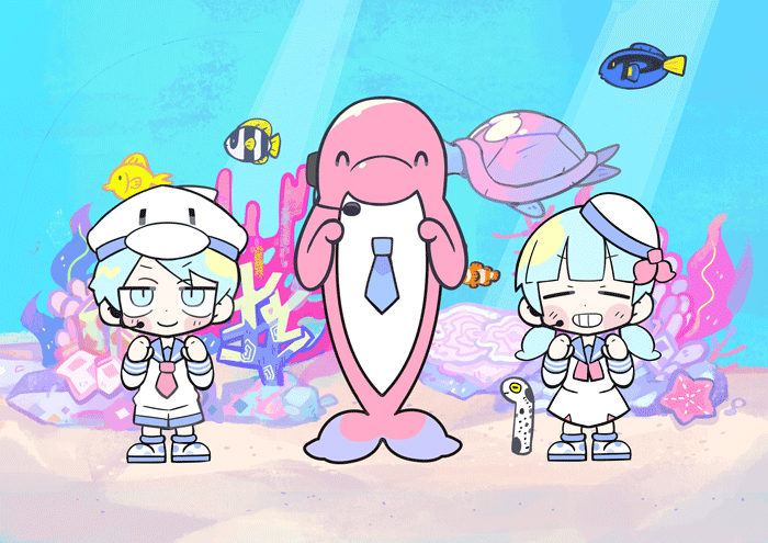 1boy, 1girl, ^_^, animal_hat, black_headphones, blue_eyes, blue_hair, blue_necktie