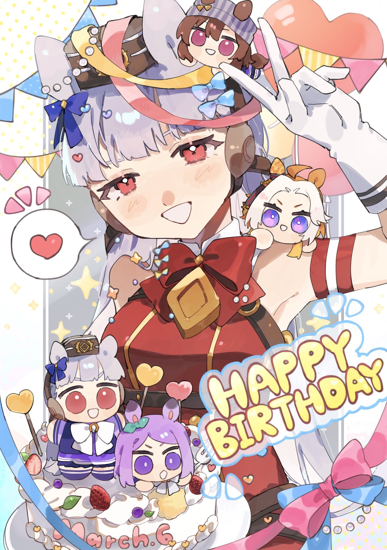 1girl, :d, animal_ears, blue_bow, blush, border, bow, bowtie, brown_headwear, cake, candy, chibi, collared_shirt, commentary, dated, ear_bow, elbow_gloves, food, fruit, gloves, gold_ship_(umamusume), grey_background, grey_hair, happy_birthday, heart, heart-shaped_lollipop, high_collar, highres, horse_ears, horse_girl, lollipop, looking_at_viewer, mejiro_mcqueen_(umamusume), nakayama_festa_(umamusume), nepipi, notice_lines, open_mouth, orfevre_(umamusume), outside_border, pennant, pillbox_hat, plate, red_eyes, red_shirt, school_uniform, shaped_lollipop, shirt, simple_background, sleeveless, sleeveless_shirt, smile, solo_focus, sparkle, spoken_heart, strawberry, symbol-only_commentary, tracen_school_uniform, umamusume, upper_body, v, v_over_head, white_border, white_gloves