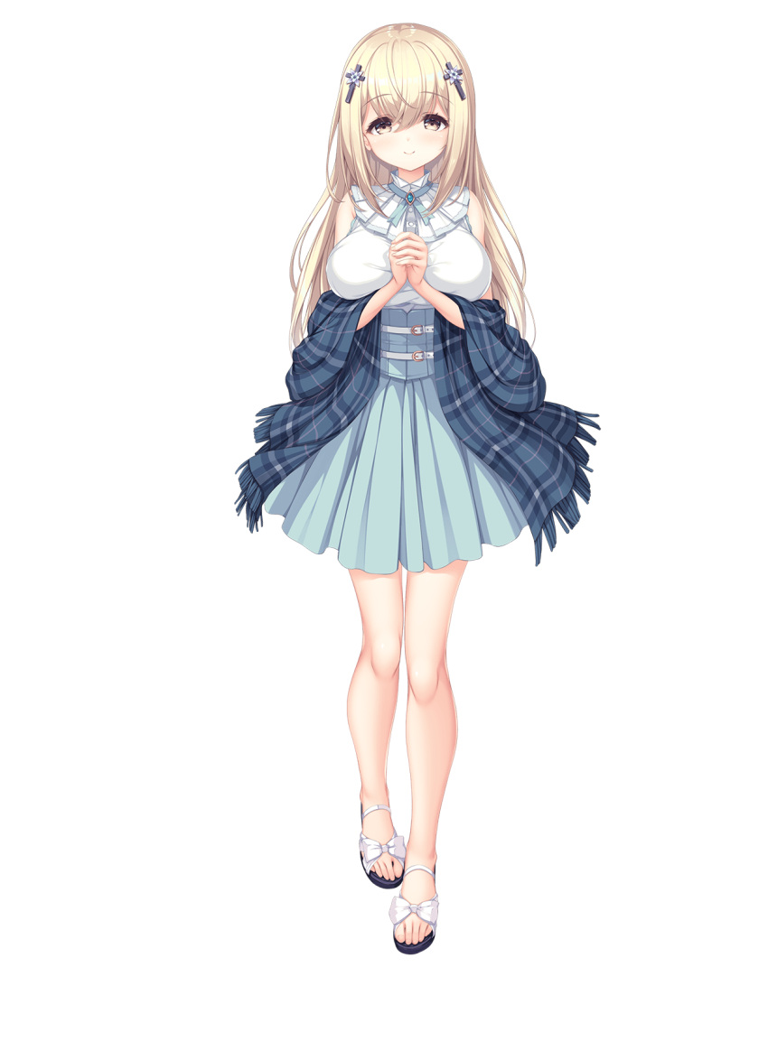 1girl, blonde_hair, breasts, cross_hair_ornament, dress, facing_viewer, full_body, hair_ornament