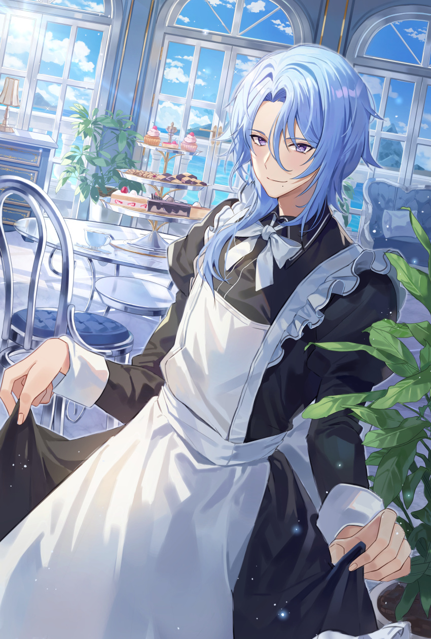 02bear20, 1boy, absurdres, alternate_costume, apron, blue_hair, blush, bow