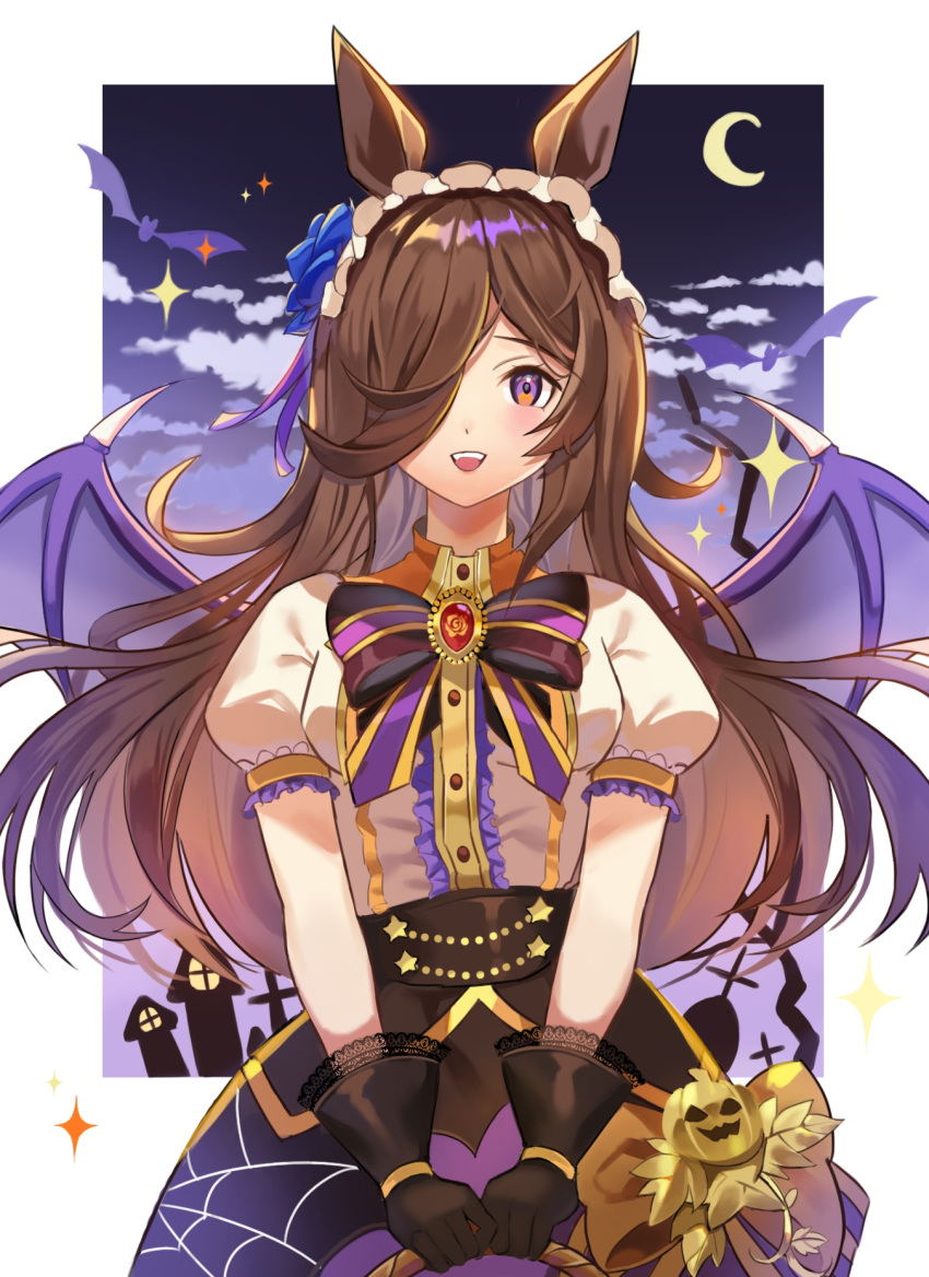 02bear20, 1girl, :d, animal_ears, bat_wings, black_gloves, black_skirt, blush