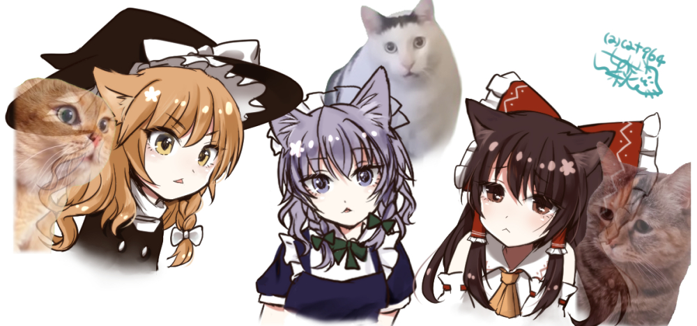 3girls, animal_ears, black_headwear, black_jacket, blonde_hair, blue_dress, blue_eyes, blue_hair