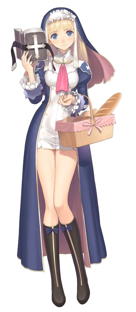 basket, bible, blonde_hair, blue_eyes, book, bread, eari, eari_(shining_hearts)