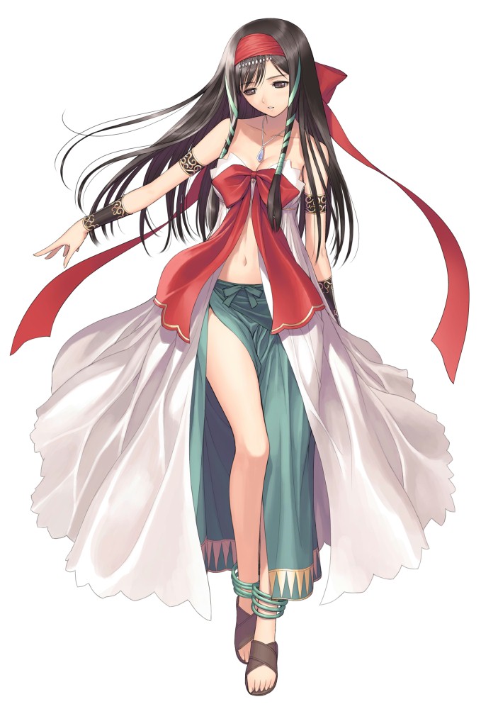 black_hair, hair_ribbon, hairband, jewelry, kaguya_(shining_hearts), legs, long_legs, navel