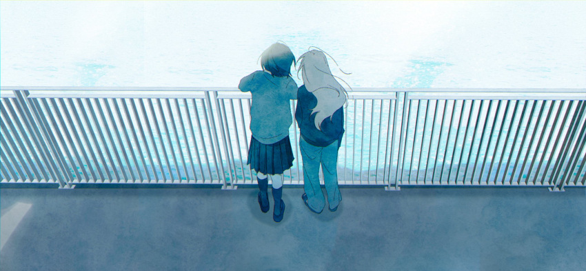2girls, against_railing, arima_haruka, black_footwear, black_hair, black_skirt, black_socks, black_sweater