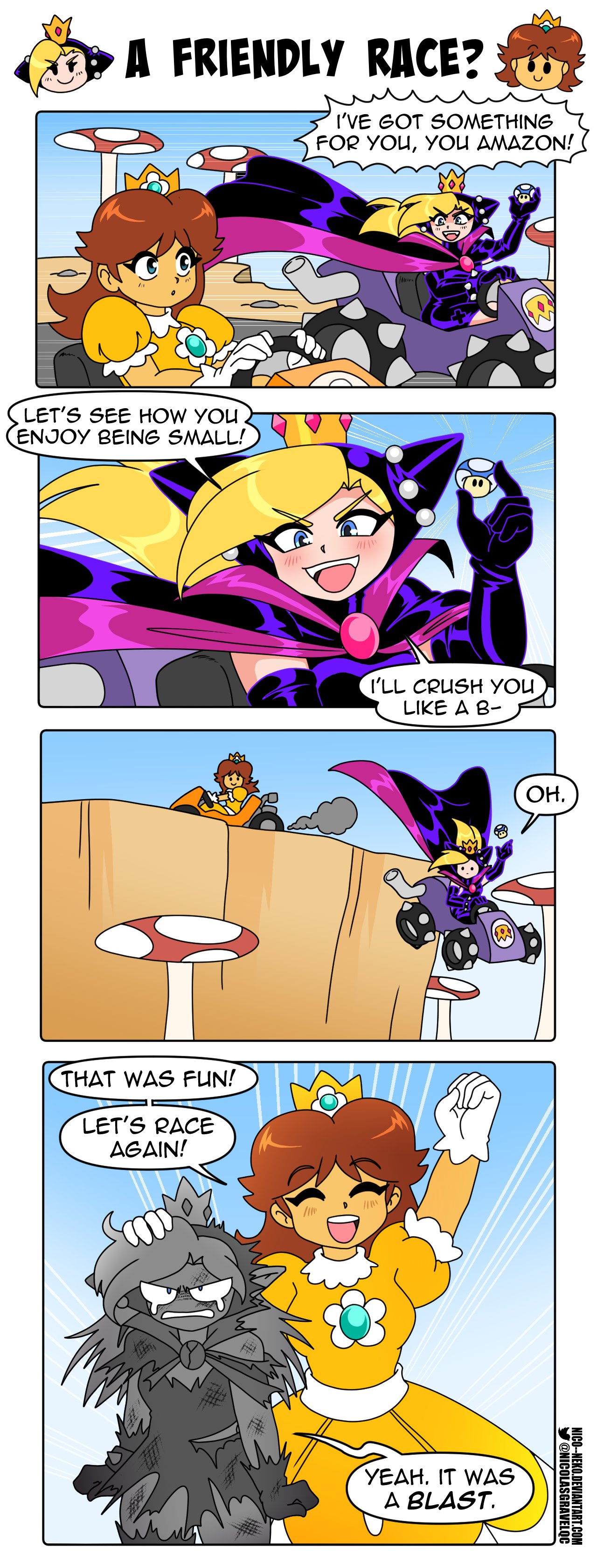>:), 2girls, absurdres, black_cape, black_dress, black_gloves, blonde_hair, blue_eyes, bracelet, brooch, brown_hair, bruise, burnt_clothes, cape, clenched_teeth, cliff, collared_cape, crack, cross_cutout, crown, dress, driving, elbow_gloves, emphasis_lines, evil_smile, failure, falling, fangs, flower_brooch, frilled_gloves, frills, giant_mushroom, gloves, go-kart, height_difference, highres, hood, hood_up, hooded_dress, injury, jewelry, latex, latex_dress, leather_dress, light_blush, long_hair, mario_kart, mario_power_tennis, mario_tennis, mini_crown, mini_mushroom, multiple_girls, mushroom, nico-neko, open_mouth, petite, pink_gemstone, pointy_ears, power-up, princess_daisy, puffy_short_sleeves, puffy_sleeves, purple_cape, purple_dress, purple_gloves, racing, short_sleeves, smile, spiked_bracelet, spikes, super_mario_bros., tan, teardrop, teeth, torn_cape, torn_clothes, torn_dress, v-shaped_eyebrows, warupeach, white_gloves, yellow_dress