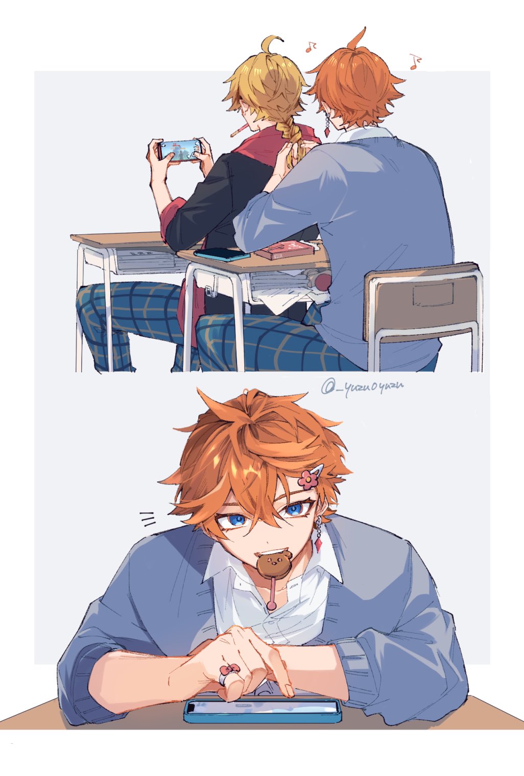 2boys, ahoge, artist_name, black_jacket, blonde_hair, blue_cardigan, blue_eyes, blue_pants