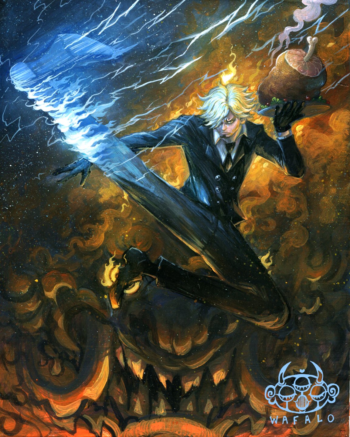 1boy, acrylic_paint_(medium), artist_logo, artist_name, black_gloves, black_necktie, black_pants, black_suit