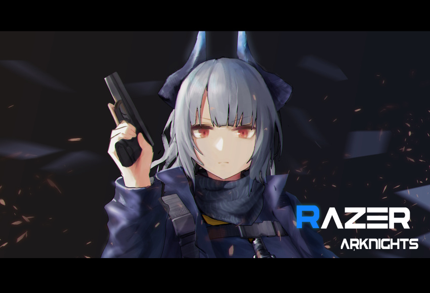 1girl, absurdres, arknights, black_horns, black_jacket, black_scarf, black_sweater, blue_horns