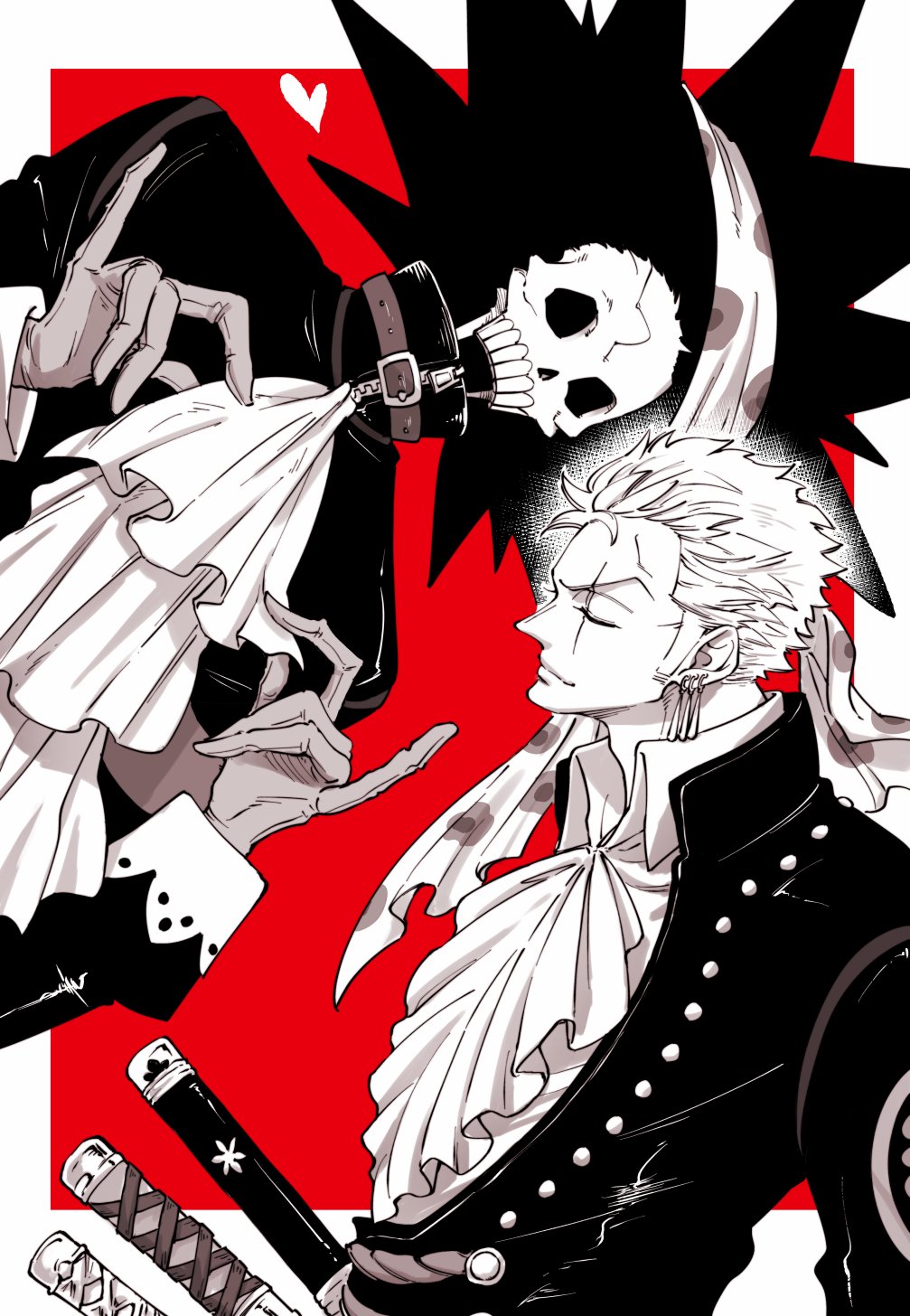 2boys, afro, ascot, brook_(one_piece), chabo_(niwatori_bosori), collared_shirt, commentary_request, earrings, gloves, greyscale_with_colored_background, heart, highres, jewelry, light_smile, male_focus, multiple_boys, one_piece, one_piece_film:_red, profile, red_background, roronoa_zoro, scar, scar_across_eye, shirt, short_hair, sideburns, simple_background, skeleton, sword, v-shaped_eyebrows, weapon