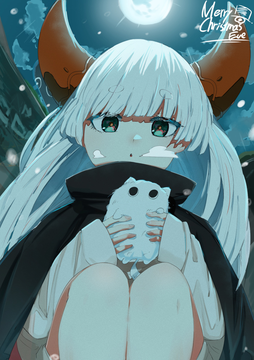 1girl, animal, black_cloak, blue_eyes, breath, cloak, english_text, eve_(utaite), full_moon, high_collar, highres, holding, holding_animal, horns, indie_utaite, long_hair, long_sleeves, looking_at_viewer, merry_christmas, moon, night, outdoors, shirt, short_eyebrows, sleeves_past_wrists, snowing, solo, squatting, thick_eyebrows, white_hair, white_shirt, yuindesu