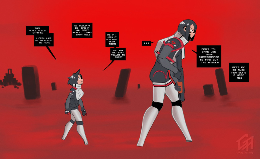 2girls, android, armor, cyberpunk, english_text, gretarting, gun, height_difference