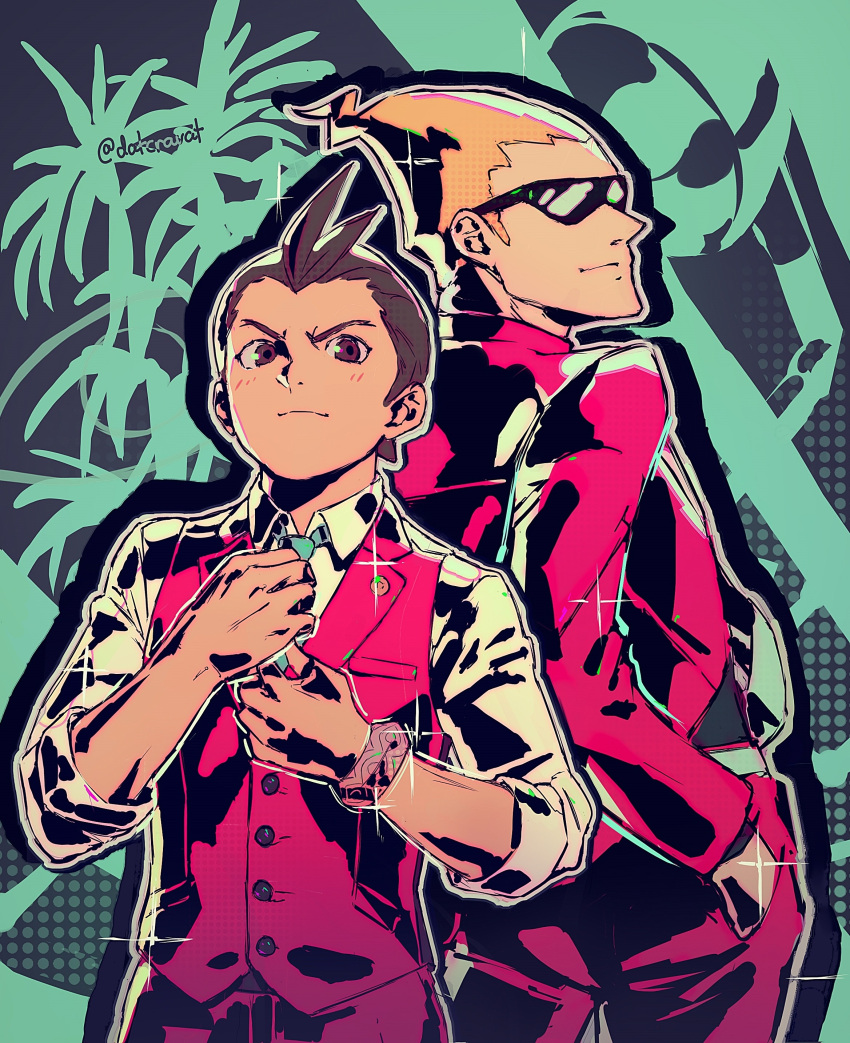 2boys, absurdres, ace_attorney, apollo_justice, apollo_justice:_ace_attorney, blonde_hair, brown_eyes, brown_hair, capcom, collared_shirt, company_connection, datcravat, ghost_trick, green_necktie, hair_slicked_back, hands_in_pockets, highres, jacket, multiple_boys, necktie, pants, red_jacket, red_pants, red_vest, second-party_source, shirt, sissel_(ghost_trick), sunglasses, twitter_username, vest, white_shirt