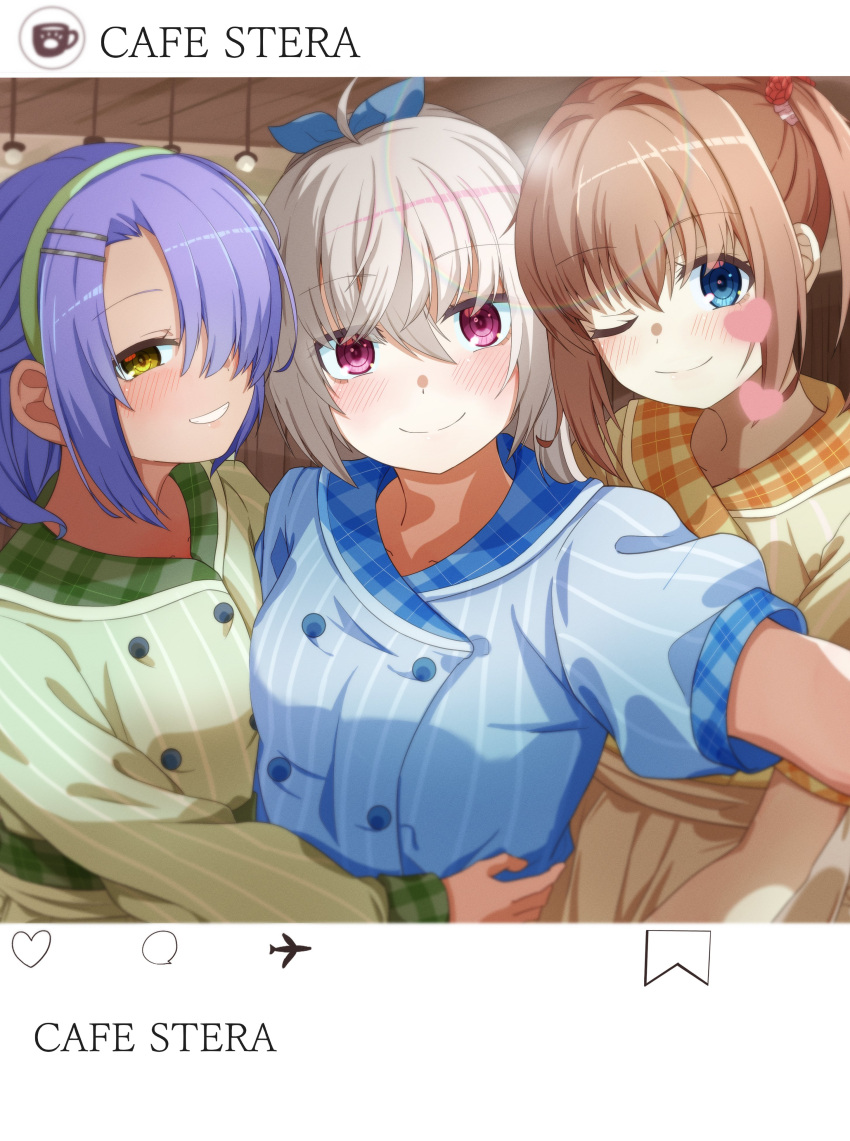3girls, ;), absurdres, akizuki_kanna, alternate_eye_color, blue_eyes, blue_ribbon, blue_shirt