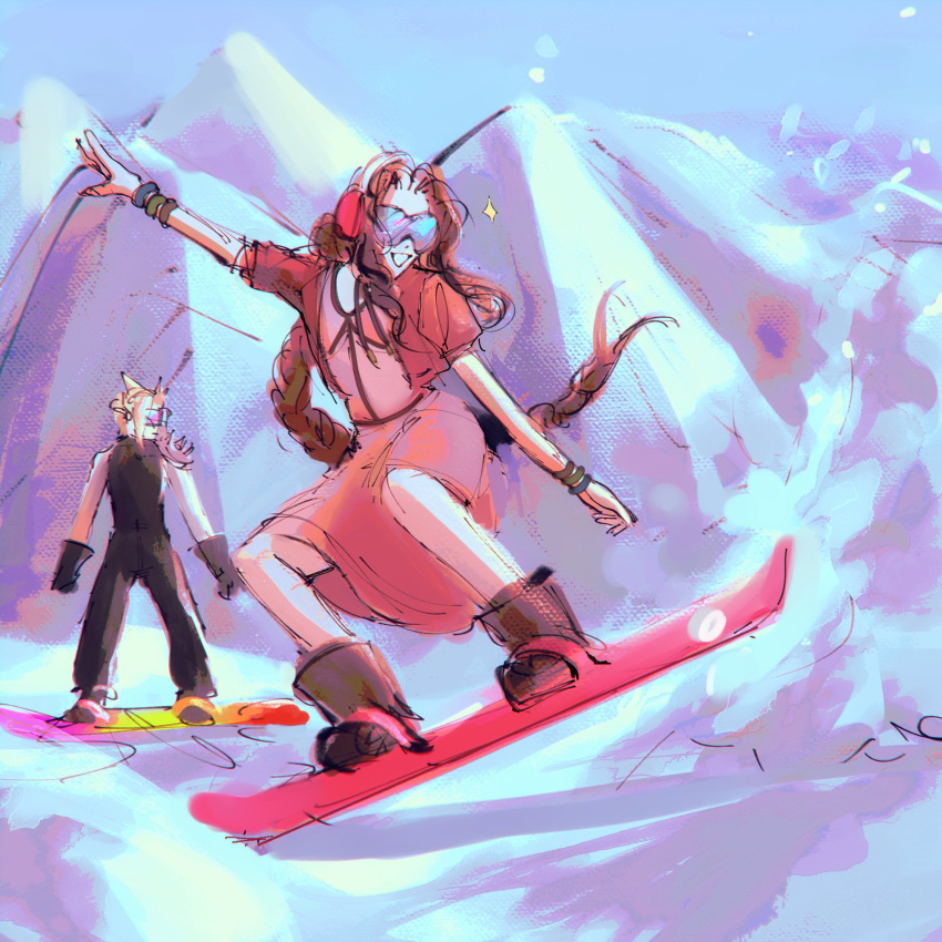 1boy, 1girl, aerith_gainsborough, alternate_universe, arm_up, balancing, black_footwear, black_gloves