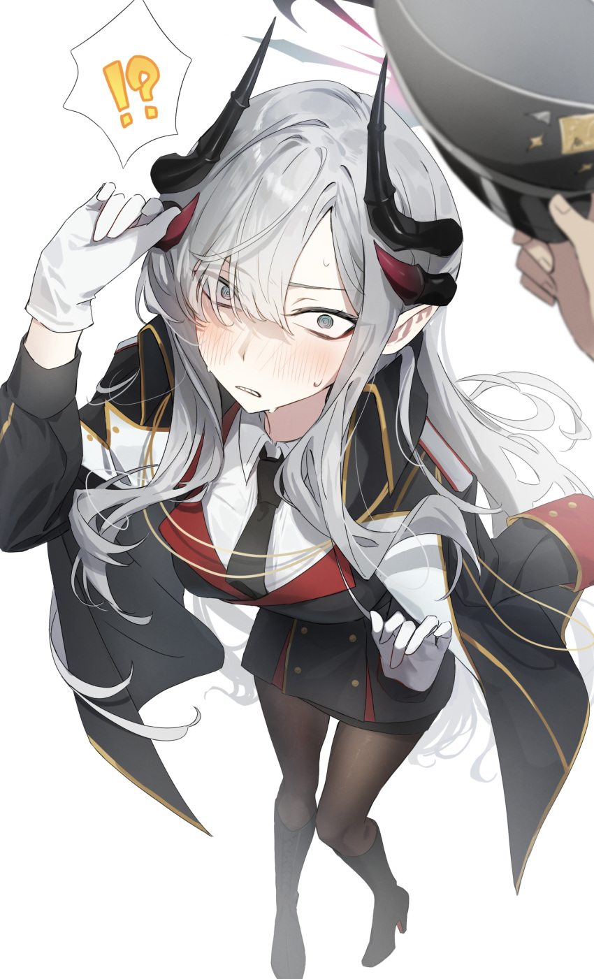 !?, 1girl, absurdres, black_horns, black_necktie, black_thighhighs, blue_archive, blush